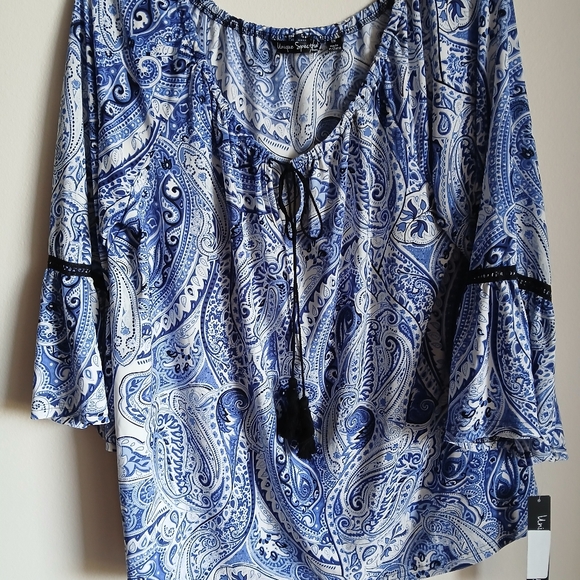 NWT Unique spectrum blue and white black blouse tassle tie 1X - Picture 2 of 12